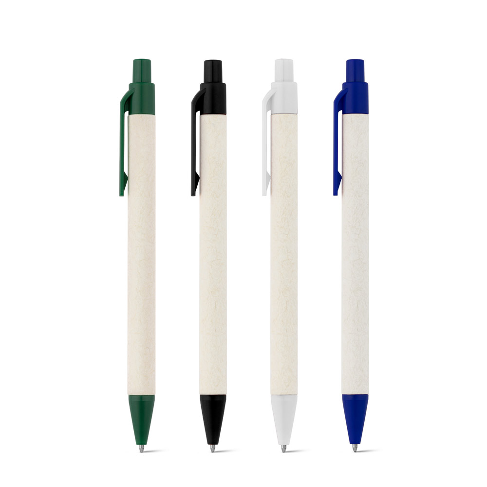 Caneta Esferográfica produzida através de pacotes de leite reciclado com escrita em azul