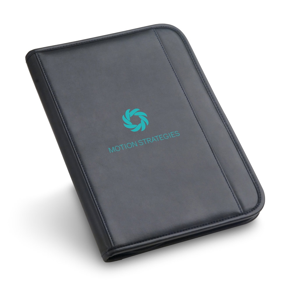 Pasta A4 em couro sintético com bolso frontal e fecho com páginas pautadas