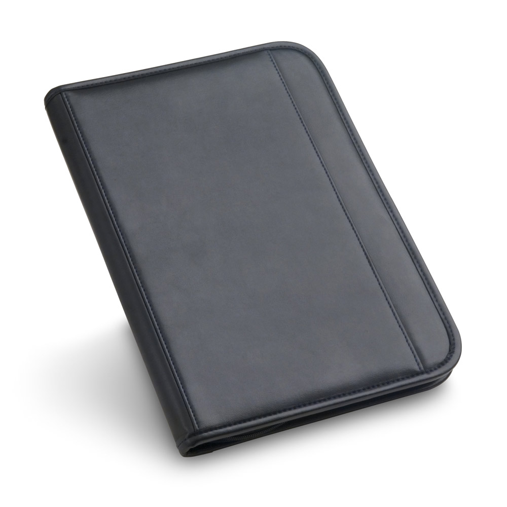 Pasta A4 em couro sintético com bolso frontal e fecho com páginas pautadas