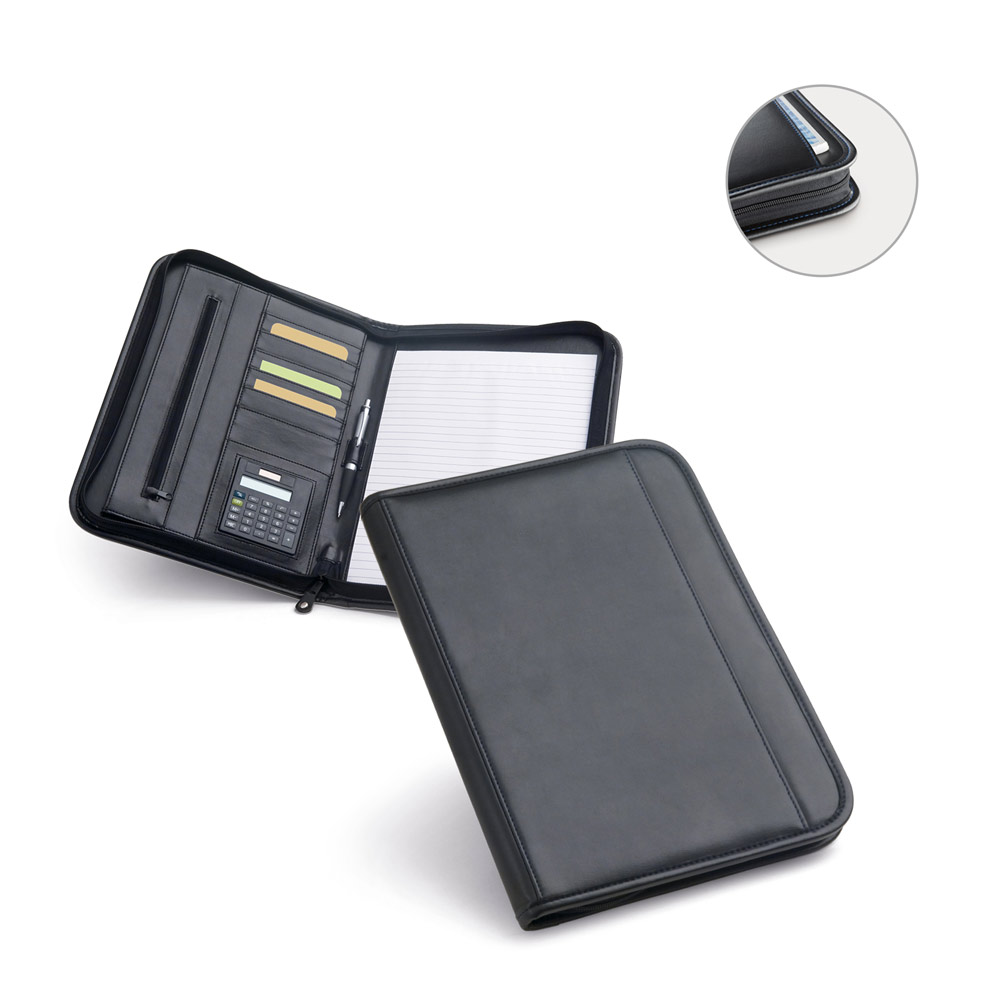 Pasta A4 em couro sintético com bolso frontal e fecho com páginas pautadas