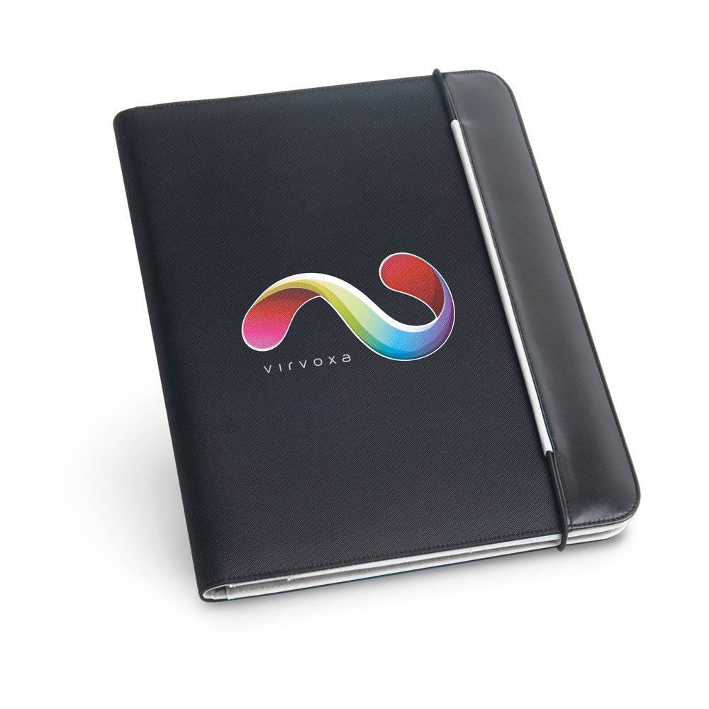 Pasta A4 em couro sintético e 800D com o interior em microfibra e bloco de 40 páginas pautadas
