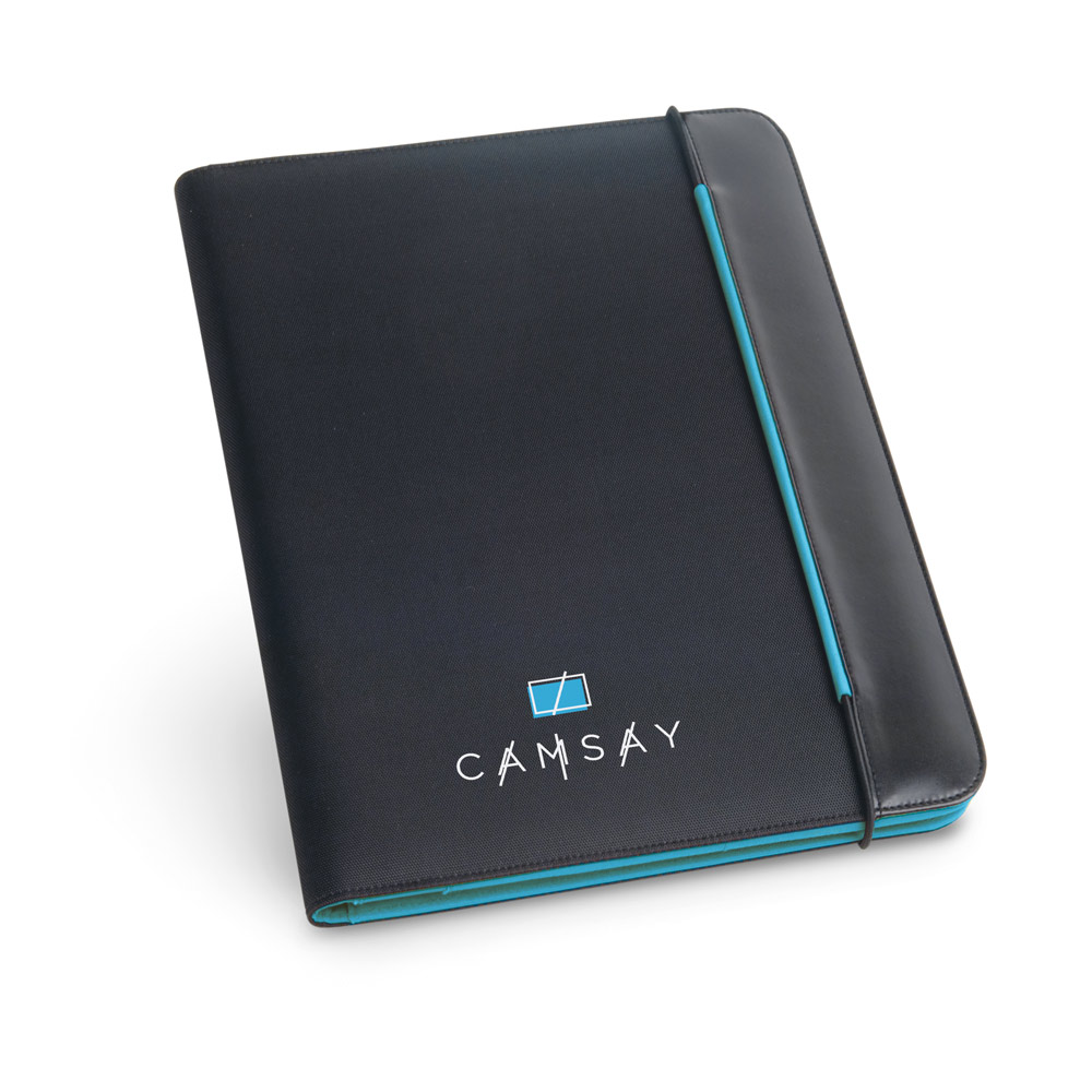 Pasta A4 em couro sintético e 800D com o interior em microfibra e bloco de 40 páginas pautadas