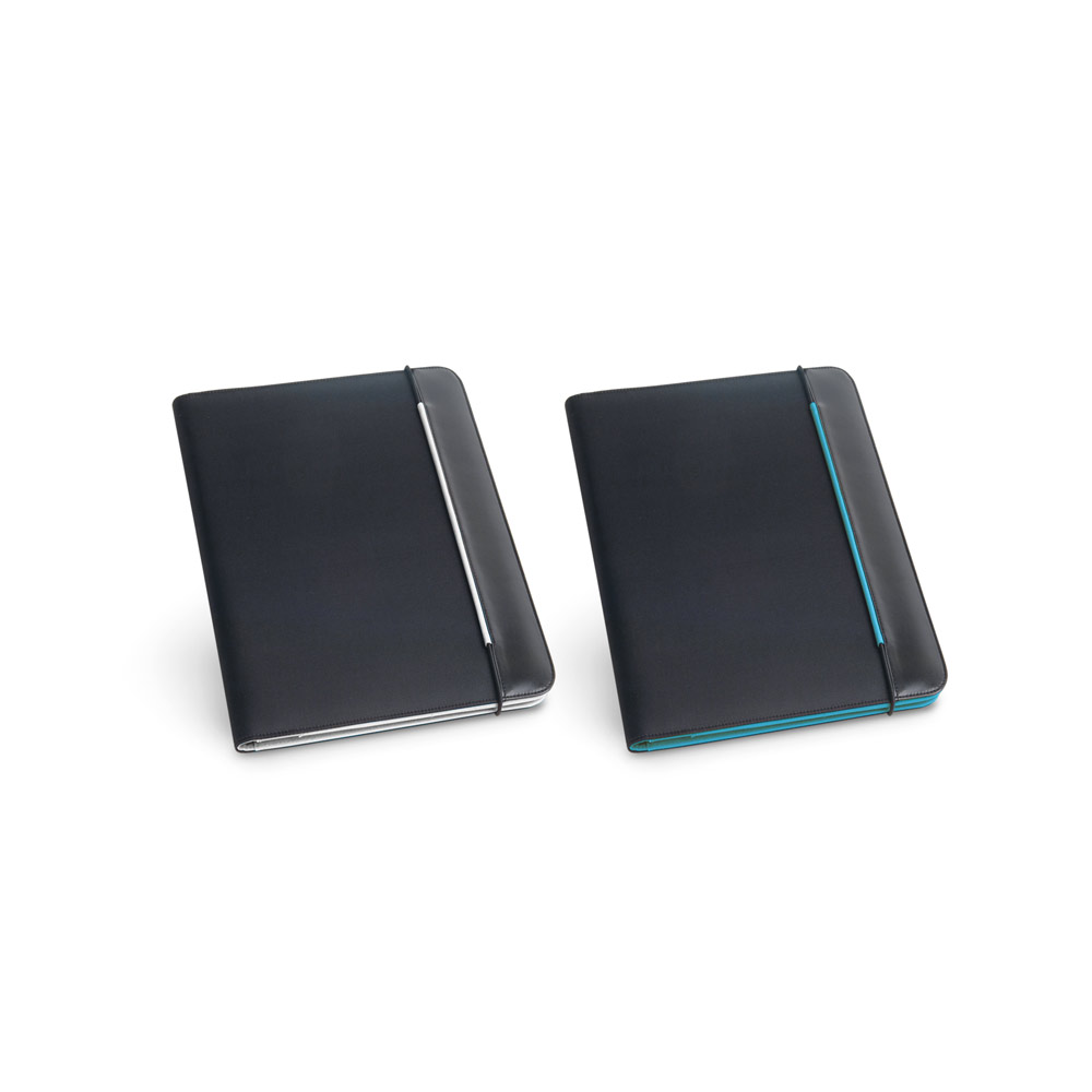 Pasta A4 em couro sintético e 800D com o interior em microfibra e bloco de 40 páginas pautadas