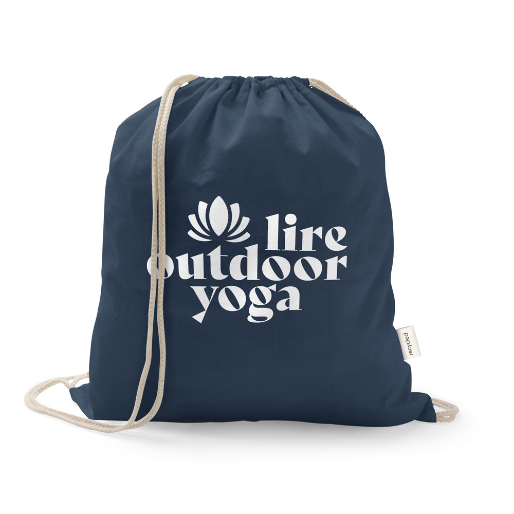 Sacola tipo mochila em 70% algodão reciclado e 30% poliéster reciclado (140 g/m²) sem tingimento
