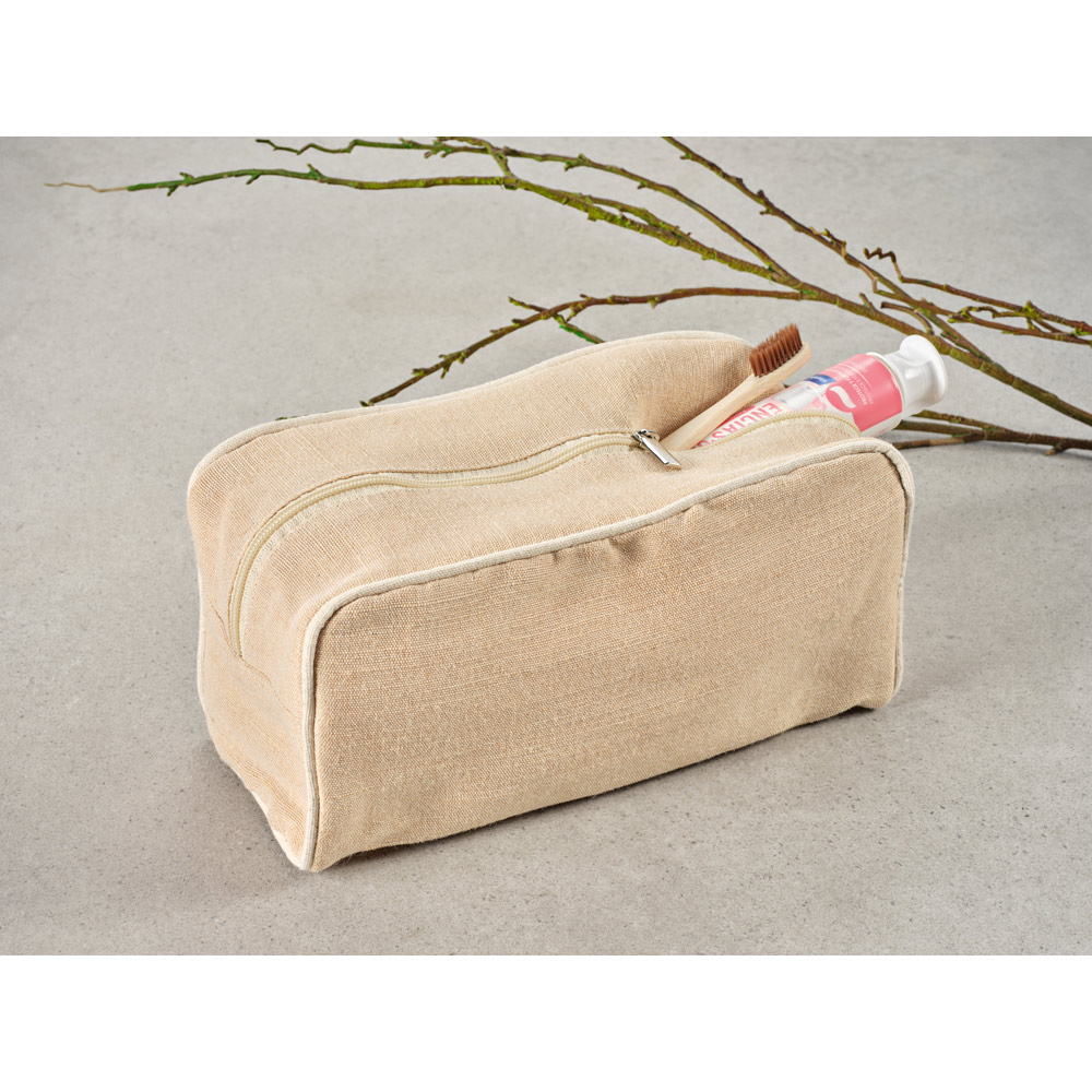 Bolsa de cosméticos em juco (mistura de algodão e juta, 260g/m²) em juco com interior forrado em 70% algodão reciclado e 30% poliéster reciclado