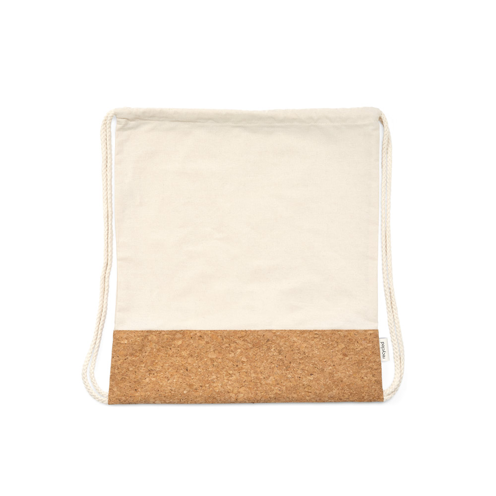 Sacola tipo mochila em 70% algodão reciclado e 30% poliéster reciclado (180g/m²) com base em cortiça