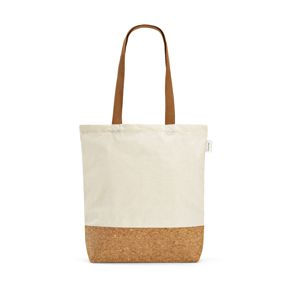 Sacola em 70% algodão reciclado e 30% poliéster reciclado (180 g/m²) com fundo em cortiça