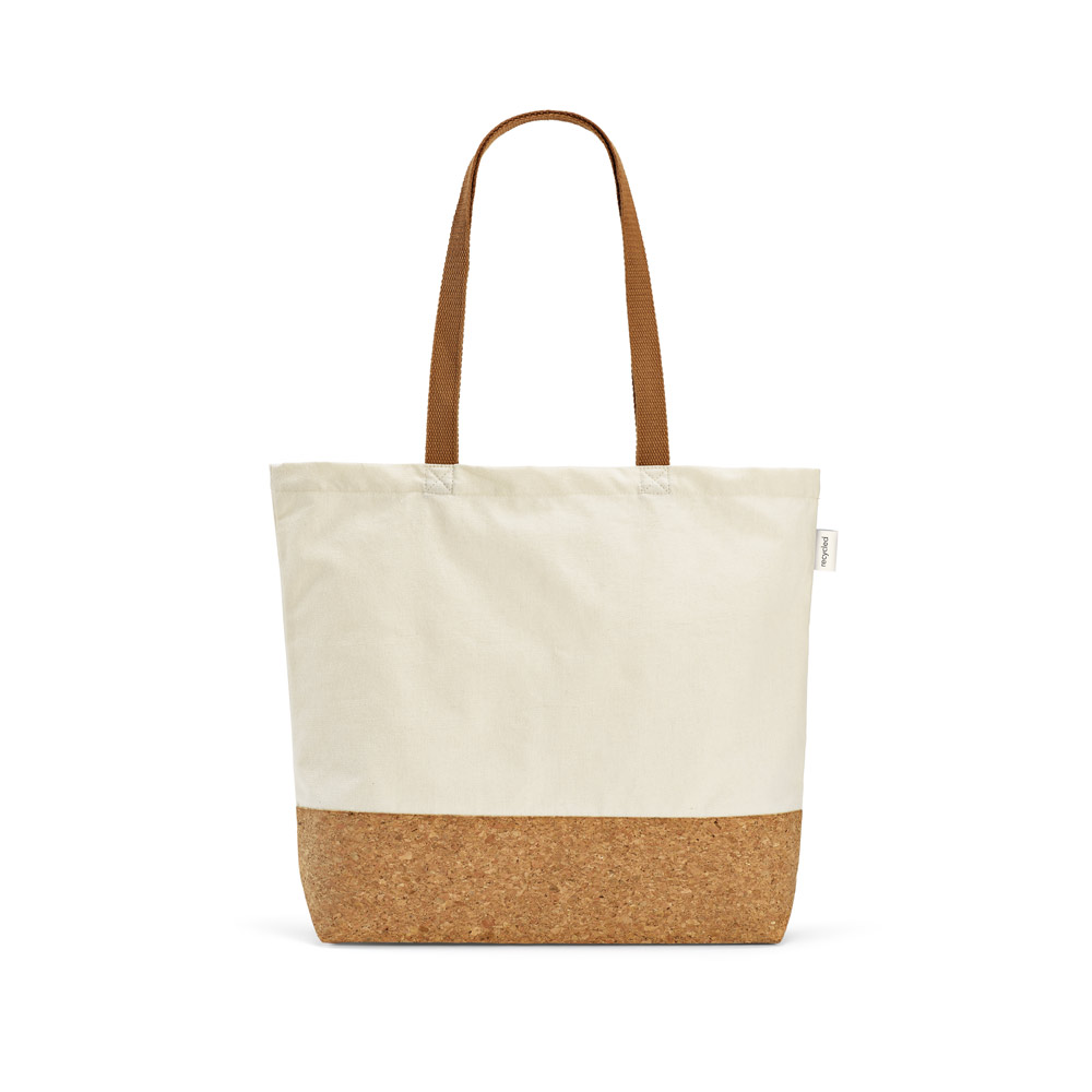 Sacola em 70% algodão reciclado e 30% poliéster reciclado (220 g/m²) com fundo em cortiça