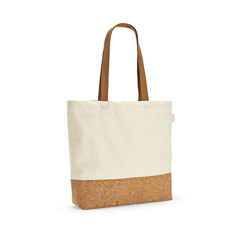 Sacola em 70% algodão reciclado e 30% poliéster reciclado (220 g/m²) com fundo em cortiça