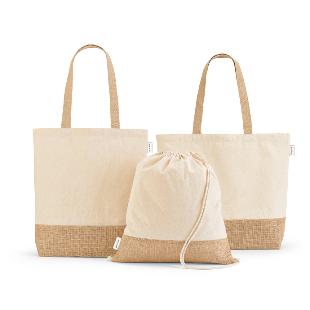 Sacola em 70% algodão reciclado e 30% poliéster reciclado (220 g/m²) com base em juta