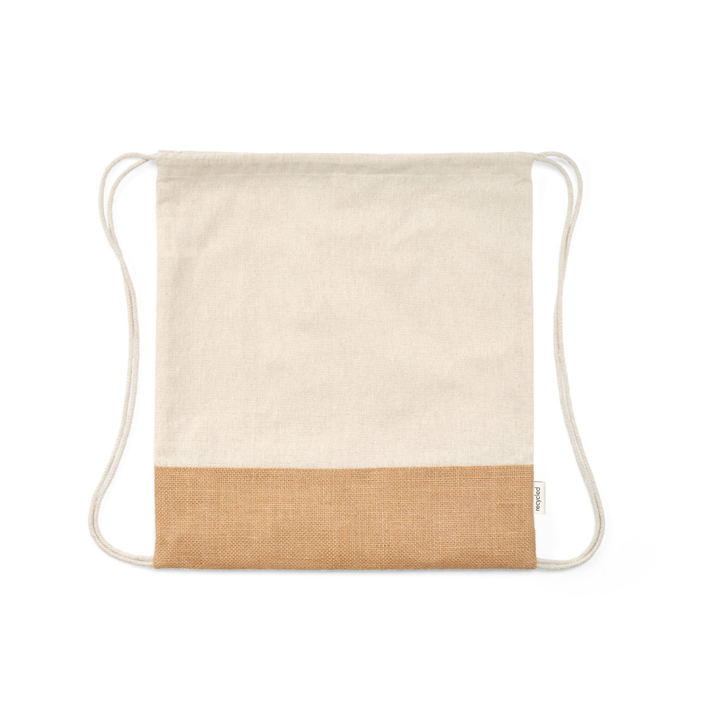 Sacola tipo mochila em 70% algodão reciclado e 30% poliéster reciclado (180 g/m²) com base em juta
