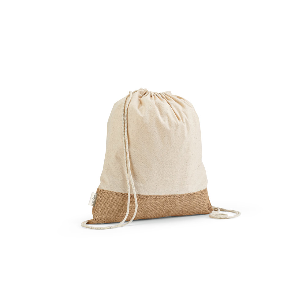 Sacola tipo mochila em 70% algodão reciclado e 30% poliéster reciclado (180 g/m²) com base em juta