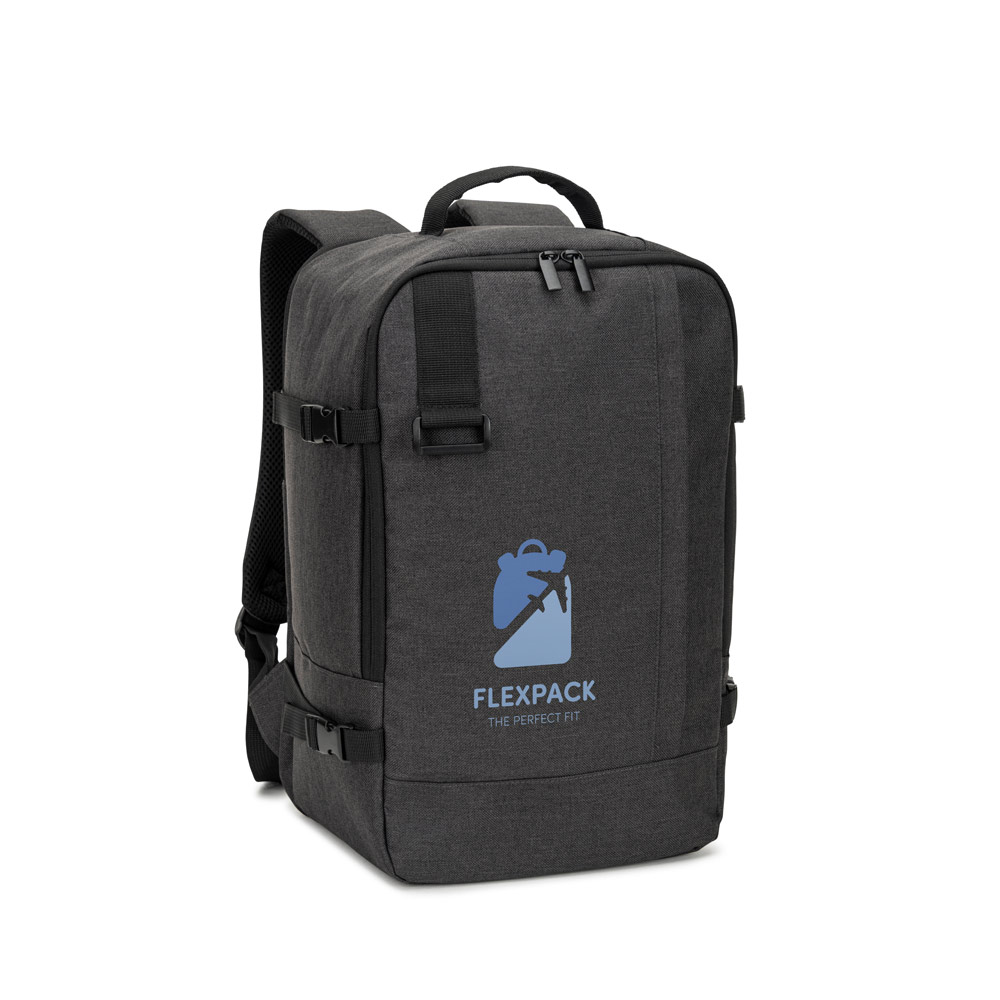 Mochila desenvolvida para cumprir as dimensões exigidas pelas companhias aéreas em poliéster reciclado 600D de alta densidade com acabamento repelente à água 20 L