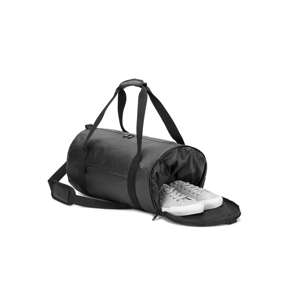 Bolsa esportiva em formato cilíndrico em poliéster reciclado 600D de alta densidade com compartimento lateral para sapatos 32 L