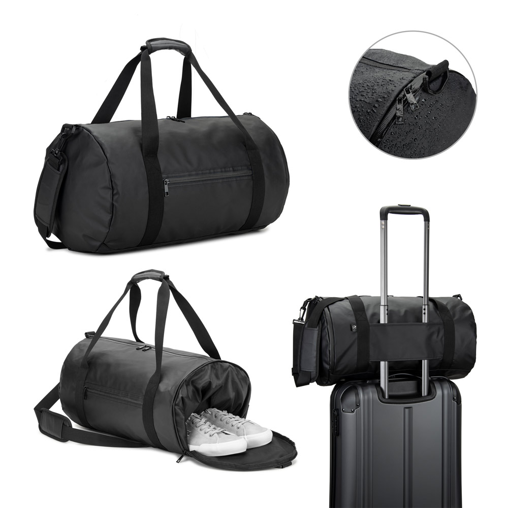 Bolsa esportiva em formato cilíndrico em poliéster reciclado 600D de alta densidade com compartimento lateral para sapatos 32 L