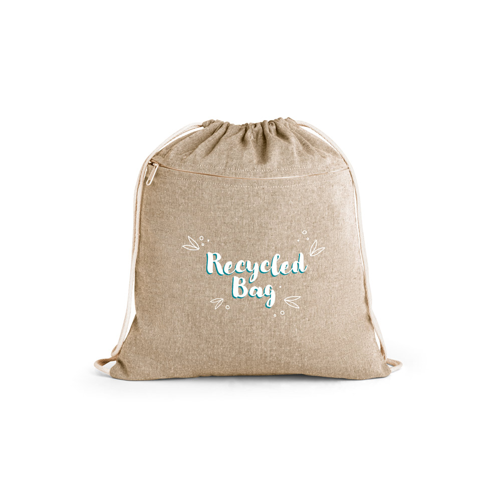 Sacola tipo mochila e em 70% algodão reciclado e 30% poliéster reciclado sem tingimento (140 g/m²)