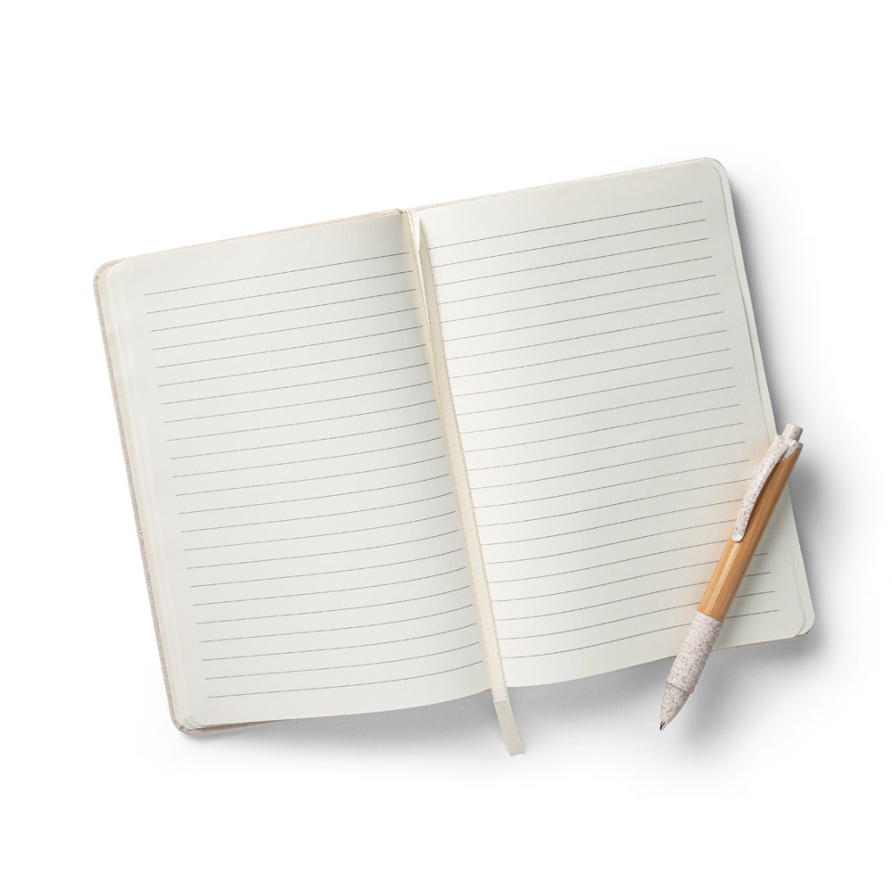 Caderno A5 em linho de capa dura com 192 páginas pautadas (230 g/m²)