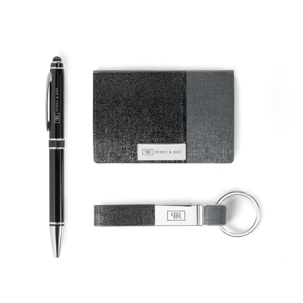 Kit de porta cartões, chaveiro e esferográfica em c.sintético, metal e alumínio