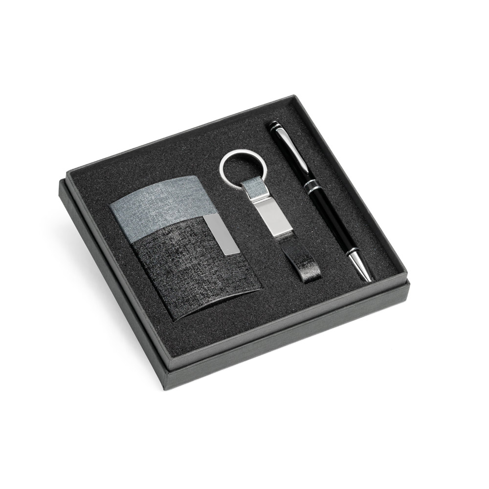 Kit de porta cartões, chaveiro e esferográfica em c.sintético, metal e alumínio
