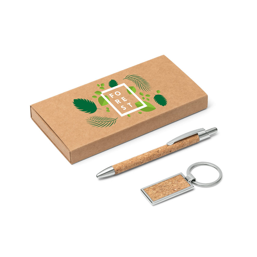 Kit esferográfica e chaveiro em metal com acabamento em cortiça