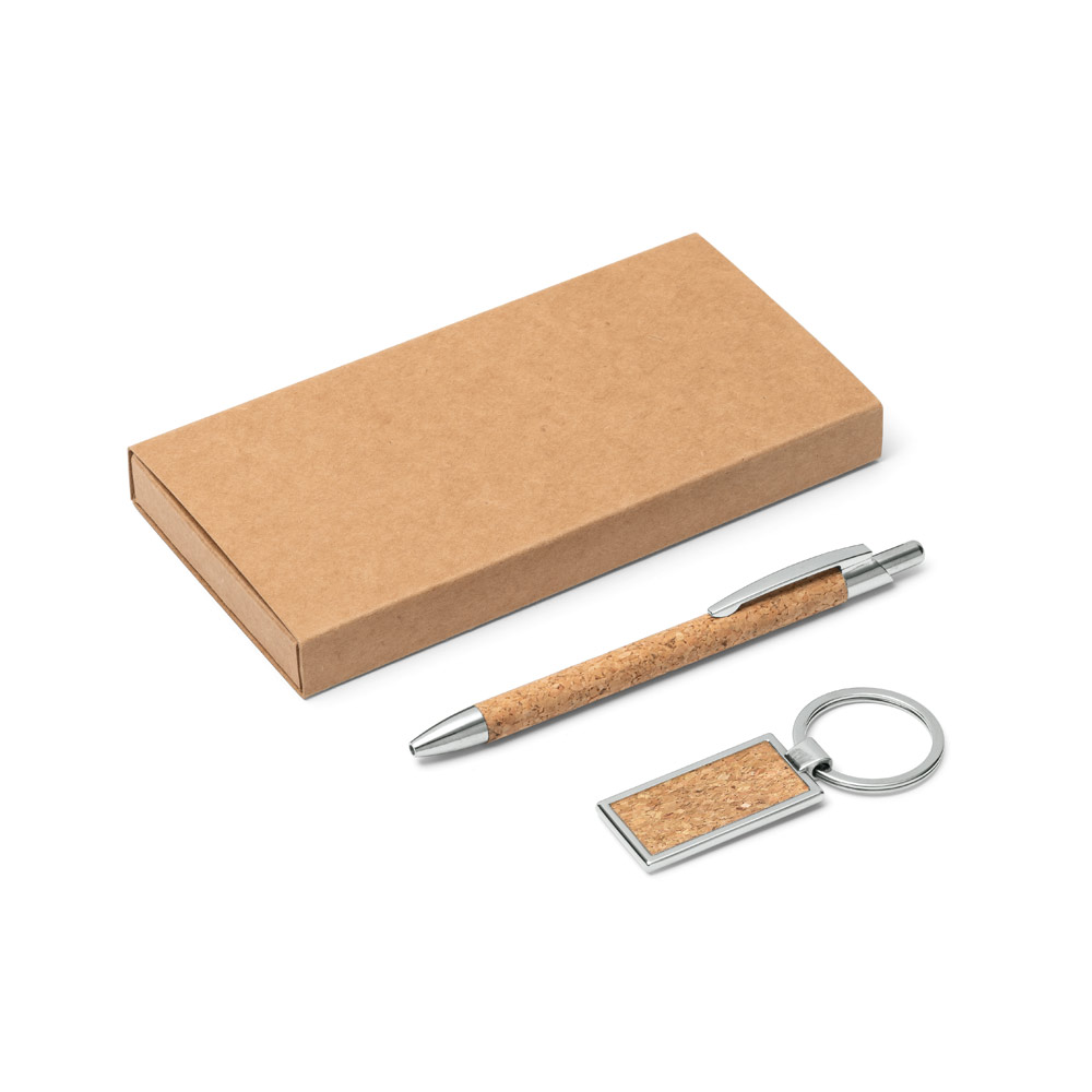 Kit esferográfica e chaveiro em metal com acabamento em cortiça