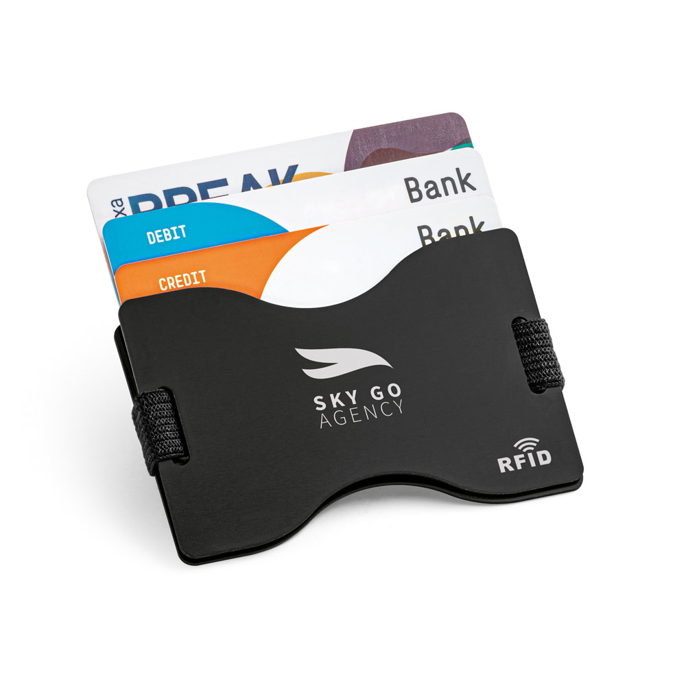Porta cartões com bloqueio RFID e fita elástica em poliéster