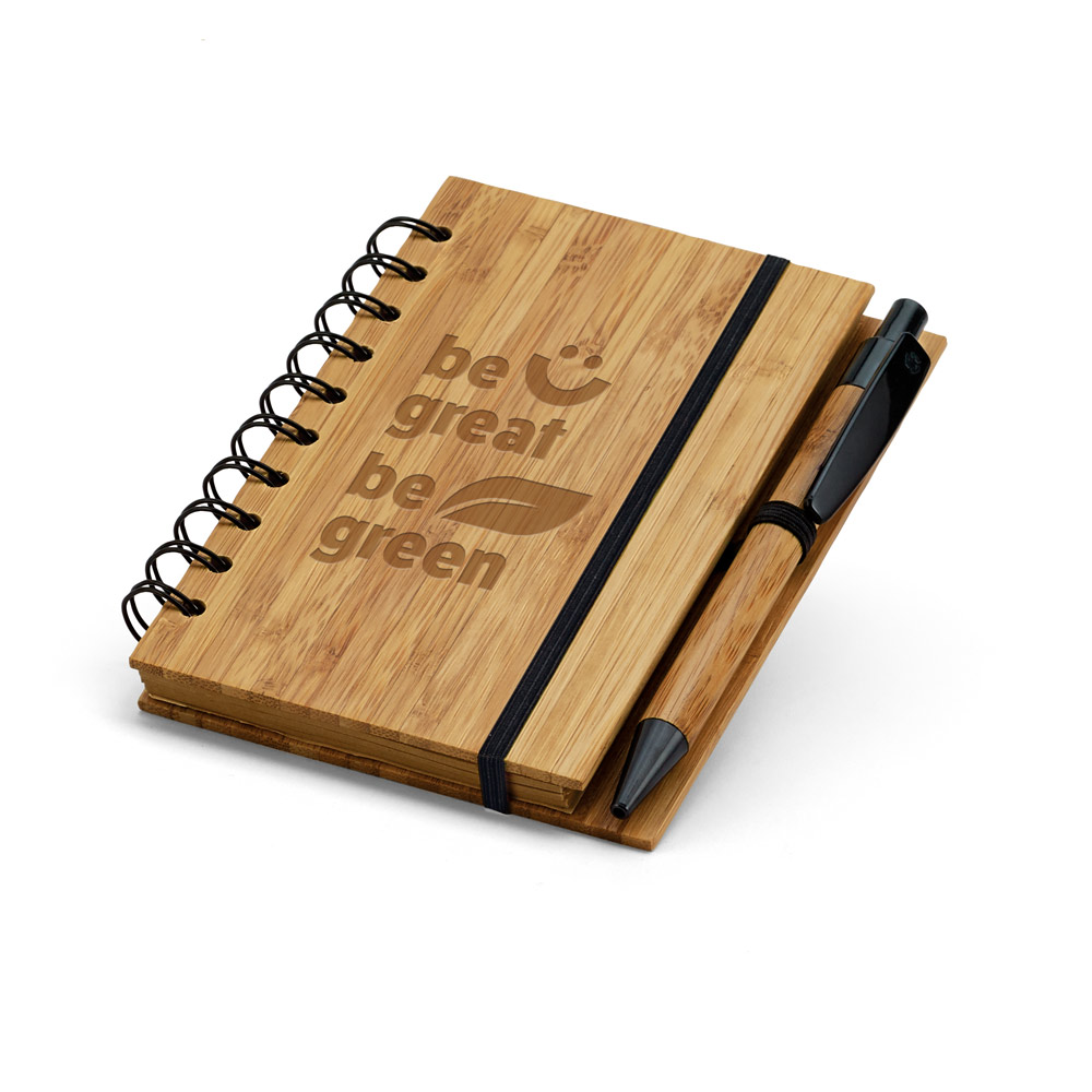 Caderno A6 espiral de capa dura em bambu com 140 páginas pautadas