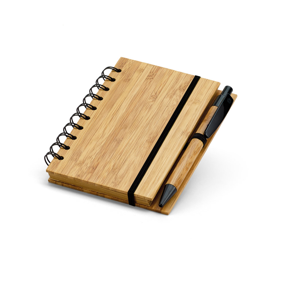 Caderno A6 espiral de capa dura em bambu com 140 páginas pautadas