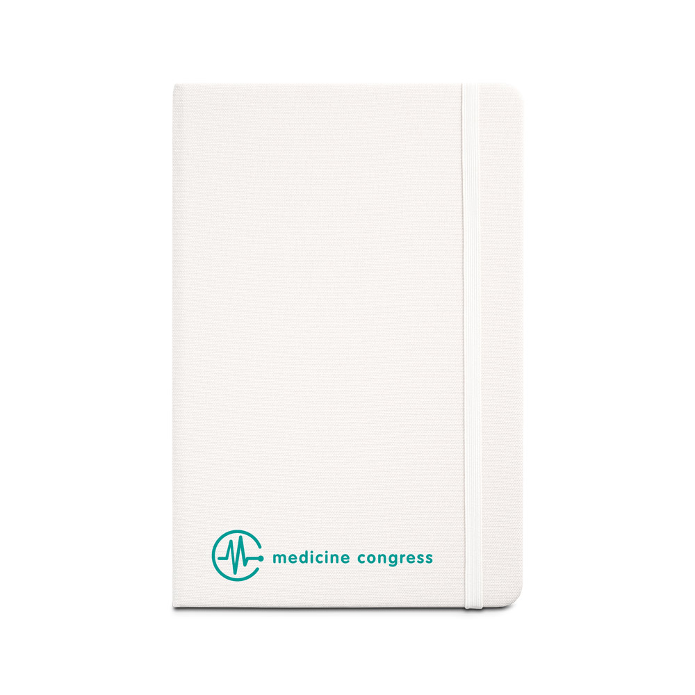 Caderno A5 de capa dura em poliéster 100% reciclado, com tratamento antibacteriano e páginas pautadas