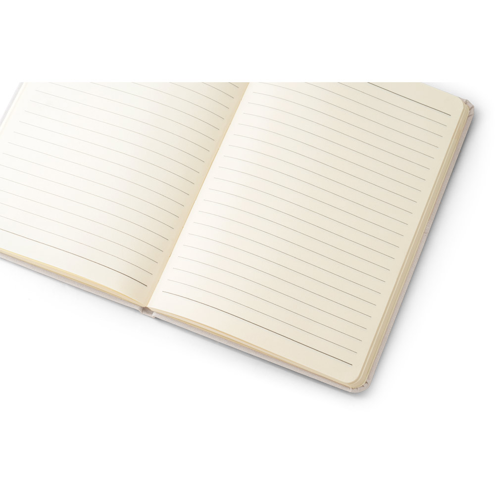 Caderno A5 de capa dura em poliéster 100% reciclado, com tratamento antibacteriano e páginas pautadas