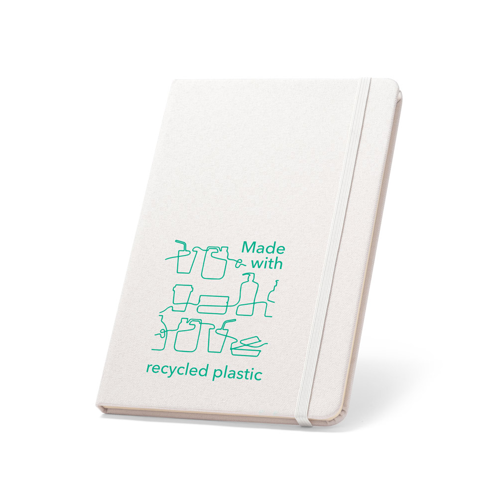 Caderno A5 de capa dura em poliéster 100% reciclado, com tratamento antibacteriano e páginas pautadas