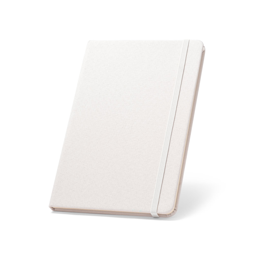 Caderno A5 de capa dura em poliéster 100% reciclado, com tratamento antibacteriano e páginas pautadas