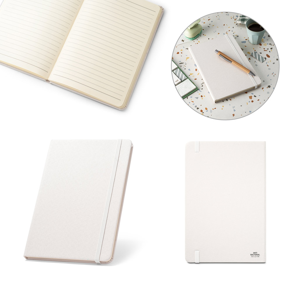 Caderno A5 de capa dura em poliéster 100% reciclado, com tratamento antibacteriano e páginas pautadas