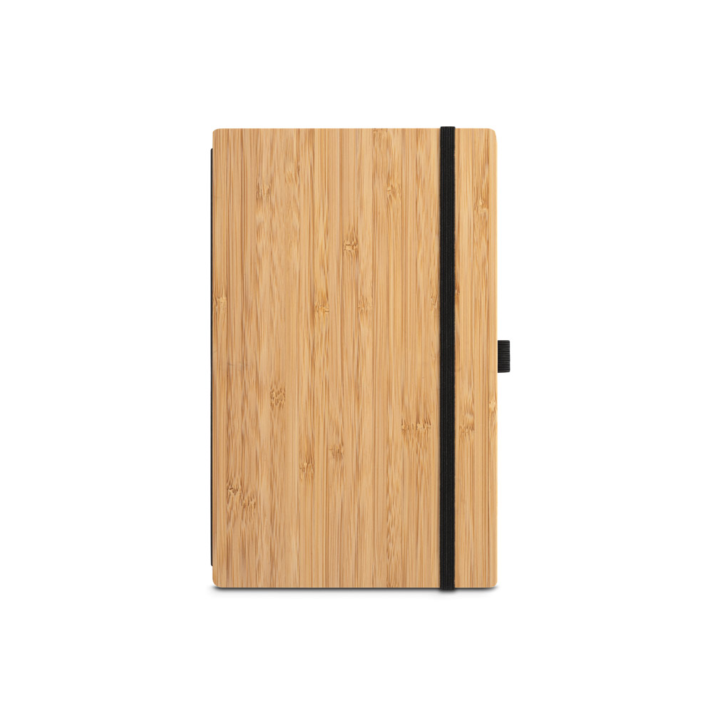 Caderno A5 de capa e contracapa em placa de bambu e lombada em PET 100% reciclado, com 192 páginas pautadas