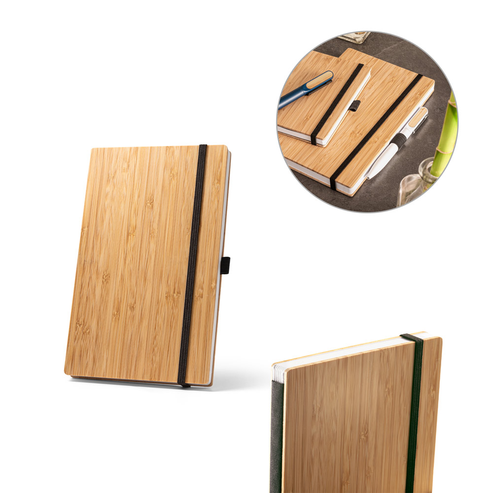 Caderno A5 de capa e contracapa em placa de bambu e lombada em PET 100% reciclado, com 192 páginas pautadas