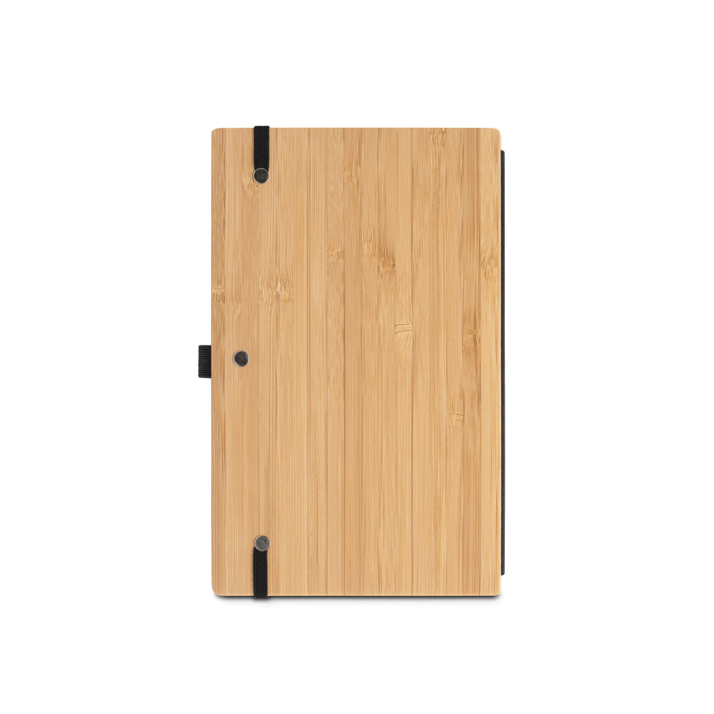 Caderno de bolso com capa e contracapa em placa de bambu e lombada em PET 100% reciclado, com 160 páginas lisas