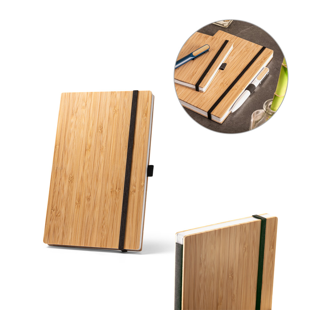 Caderno de bolso com capa e contracapa em placa de bambu e lombada em PET 100% reciclado, com 160 páginas lisas