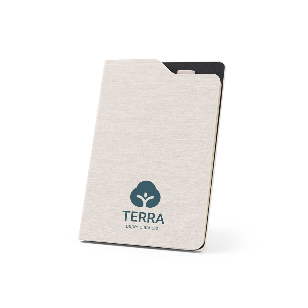 Caderno A5 de capa dura em tecido PET 100% reciclado com 160 páginas pautadas recicladas