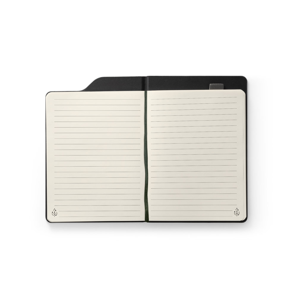 Caderno A5 de capa dura em tecido PET 100% reciclado com 160 páginas pautadas recicladas