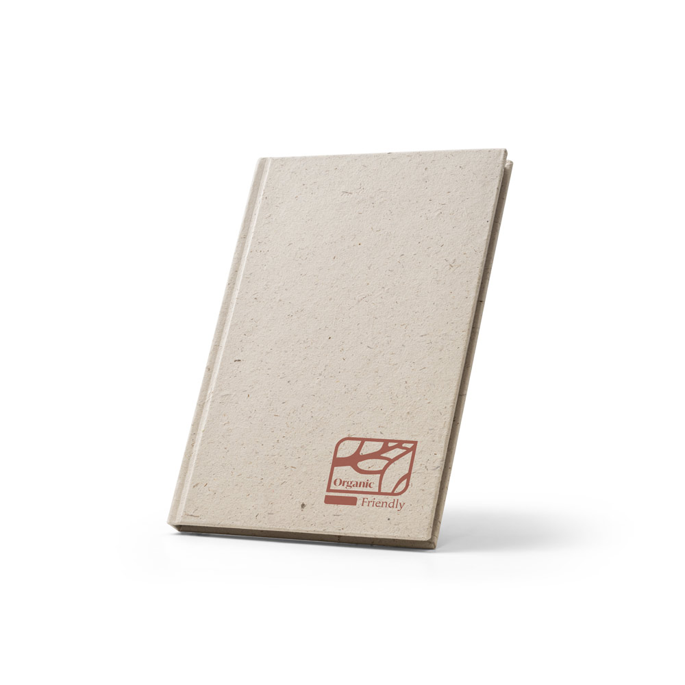 Caderno A5 em matéria orgânica de elefante (95%) e algodão de trapo (5%) com páginas pautadas reciclado, com 160 páginas pautadas recicladas