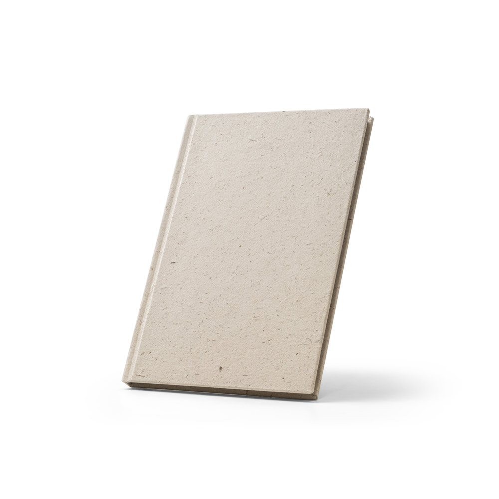Caderno A5 em matéria orgânica de elefante (95%) e algodão de trapo (5%) com páginas pautadas reciclado, com 160 páginas pautadas recicladas