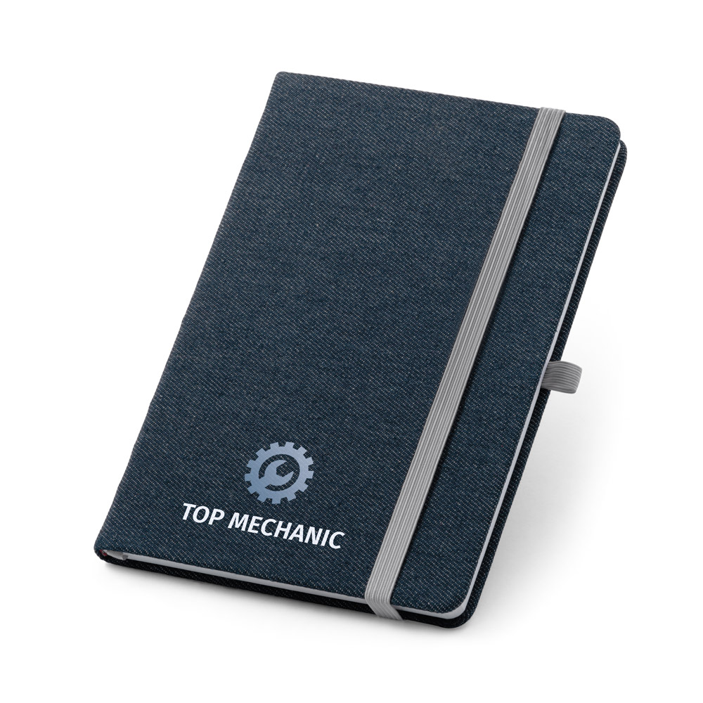 Caderno A5 de capa dura em tecido tipo jeans com páginas pautadas