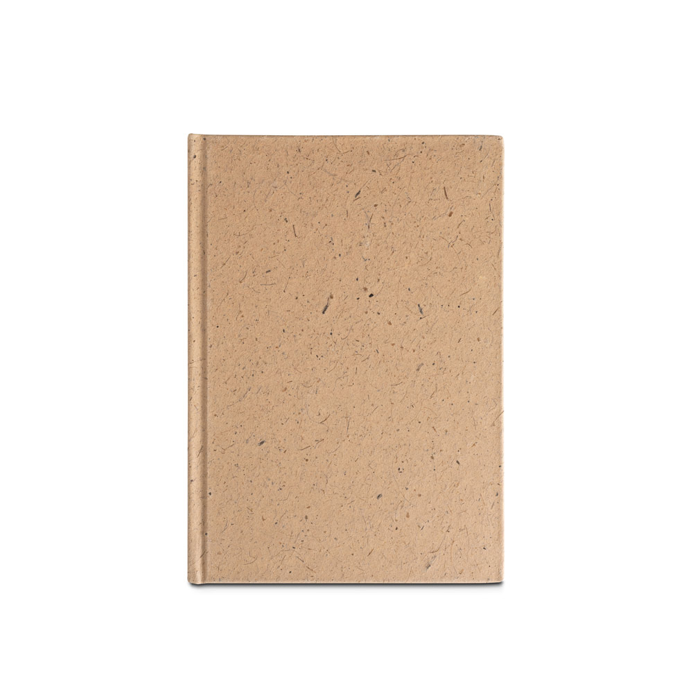 Caderno A5 em casca de coco (60%) e trapos de algodão (40%) com folhas pautadas, com 160 páginas pautadas recicladas
