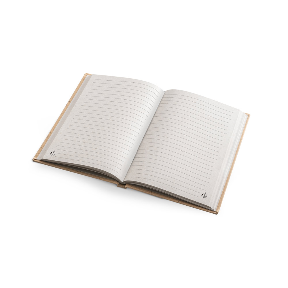 Caderno A5 em casca de coco (60%) e trapos de algodão (40%) com folhas pautadas, com 160 páginas pautadas recicladas