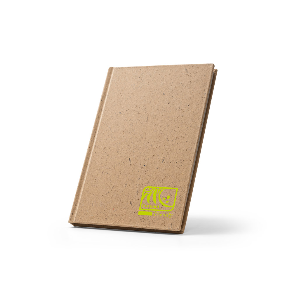 Caderno A5 em casca de coco (60%) e trapos de algodão (40%) com folhas pautadas, com 160 páginas pautadas recicladas