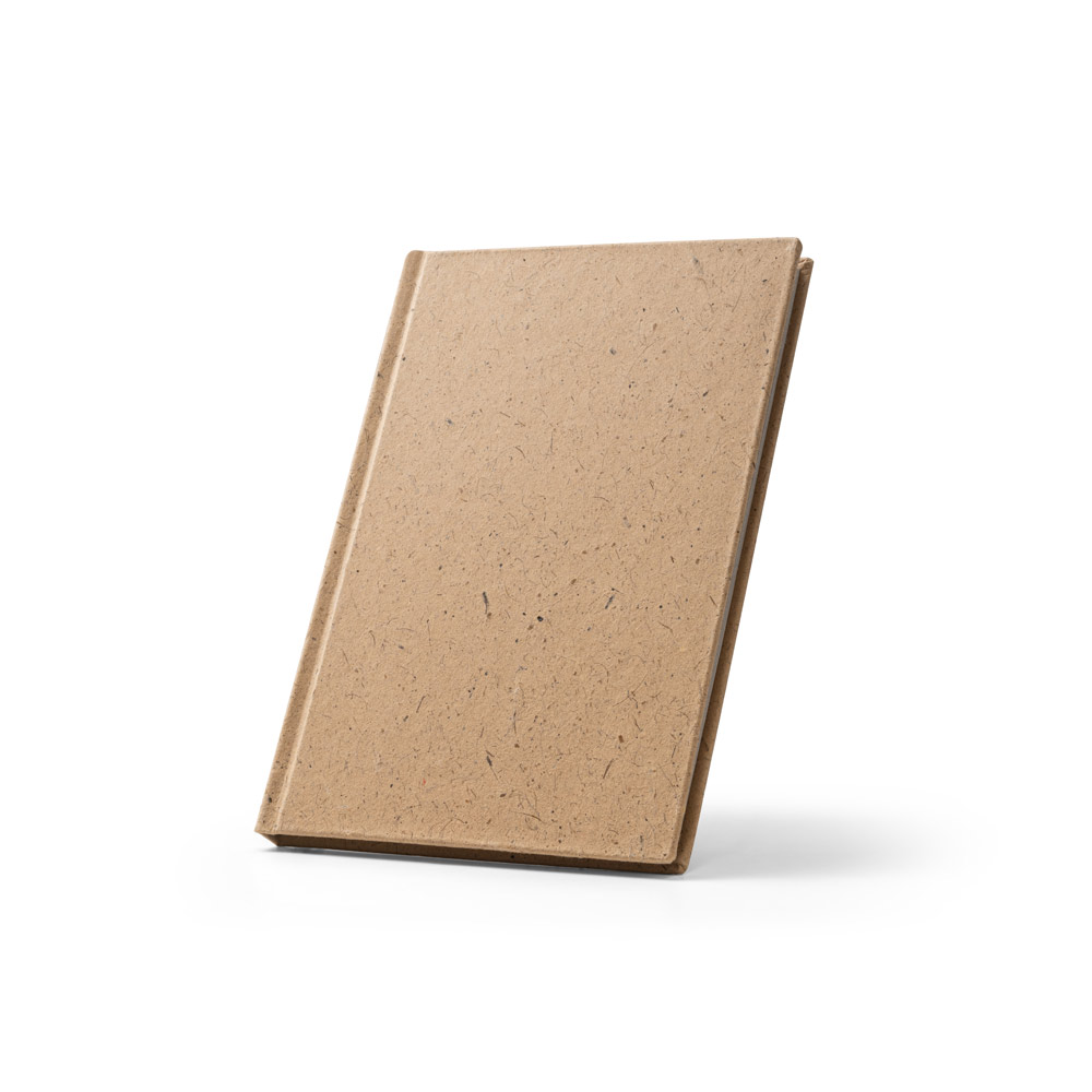 Caderno A5 em casca de coco (60%) e trapos de algodão (40%) com folhas pautadas, com 160 páginas pautadas recicladas