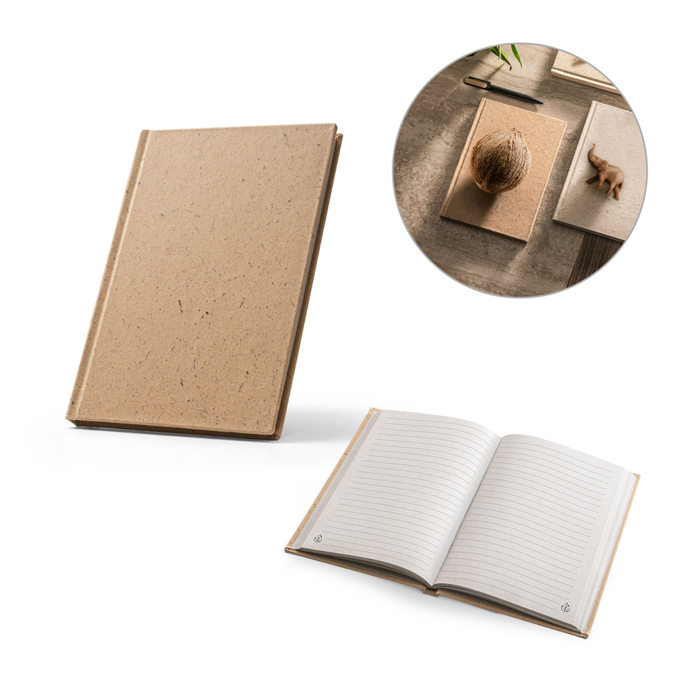 Caderno A5 em casca de coco (60%) e trapos de algodão (40%) com folhas pautadas, com 160 páginas pautadas recicladas