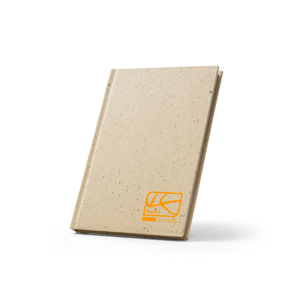 Caderno A5 com resíduos da cevada (25%) e trapos de algodão reciclado (75%) com folhas pautadas, com 160 páginas pautadas recicladas