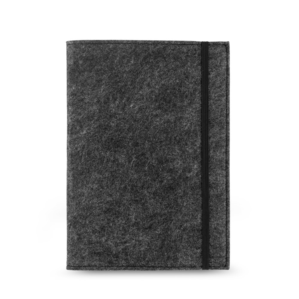 Caderno A5 com capa em feltro 100% reciclado, com 160 páginas pautadas recicladas