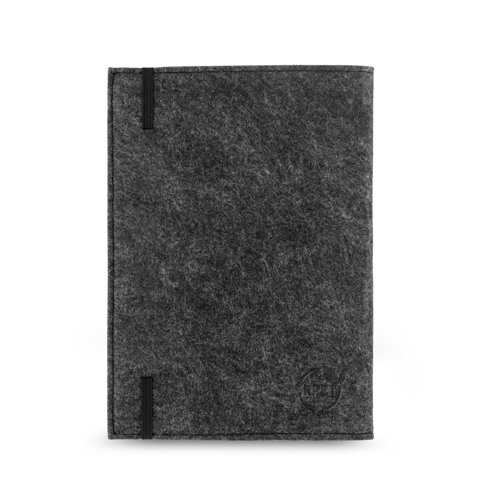 Caderno A5 com capa em feltro 100% reciclado, com 160 páginas pautadas recicladas